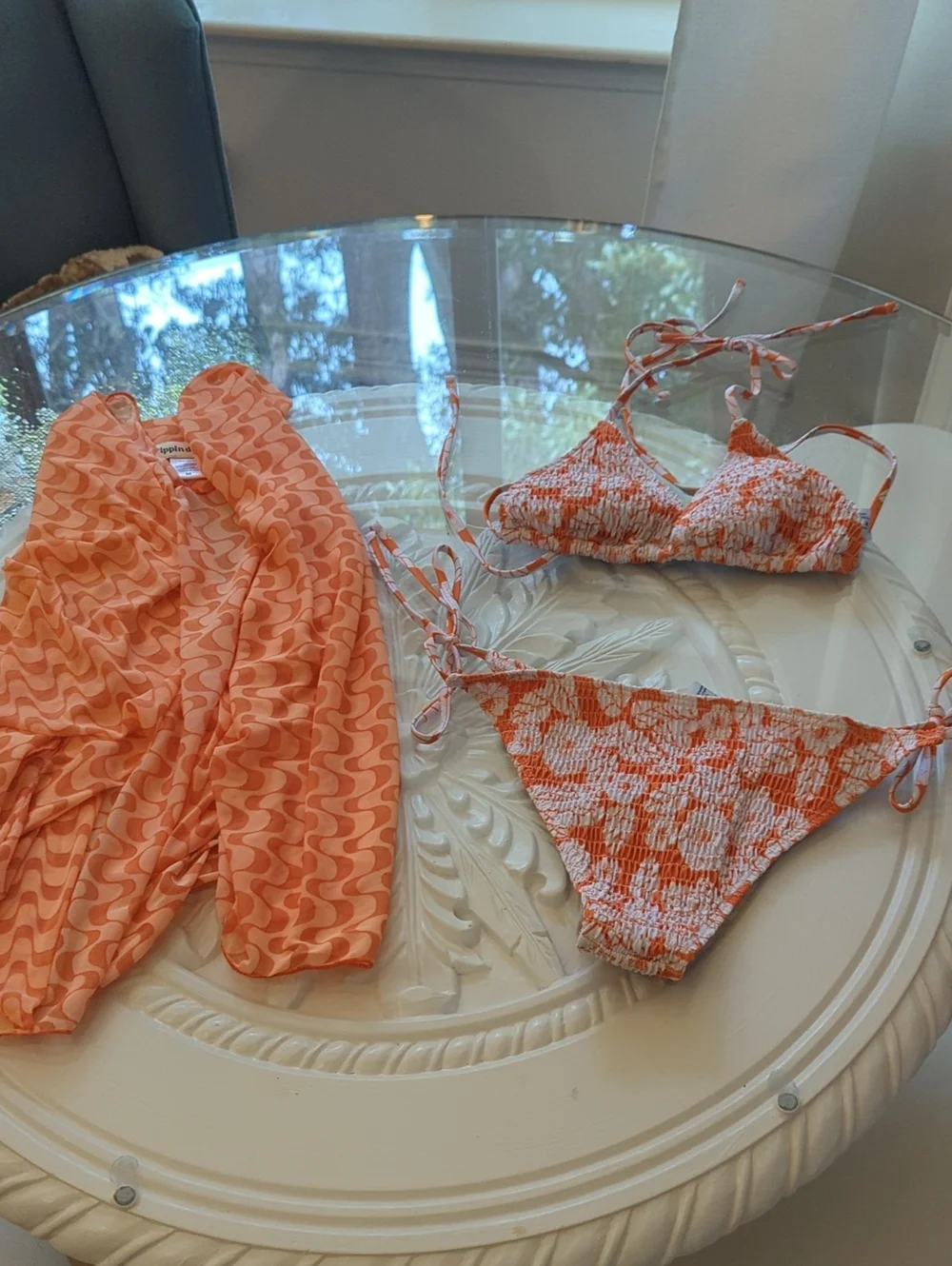 Orange Patterned Bikini Set with Matching Cover-Up Medium